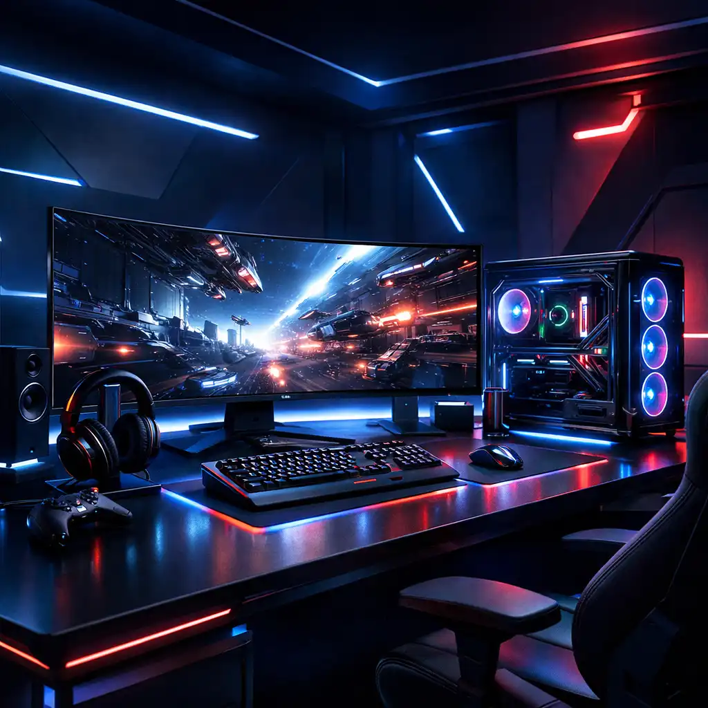 Futurystyczne stanowisko gamingowe w stylistyce cyber-minimalistycznej