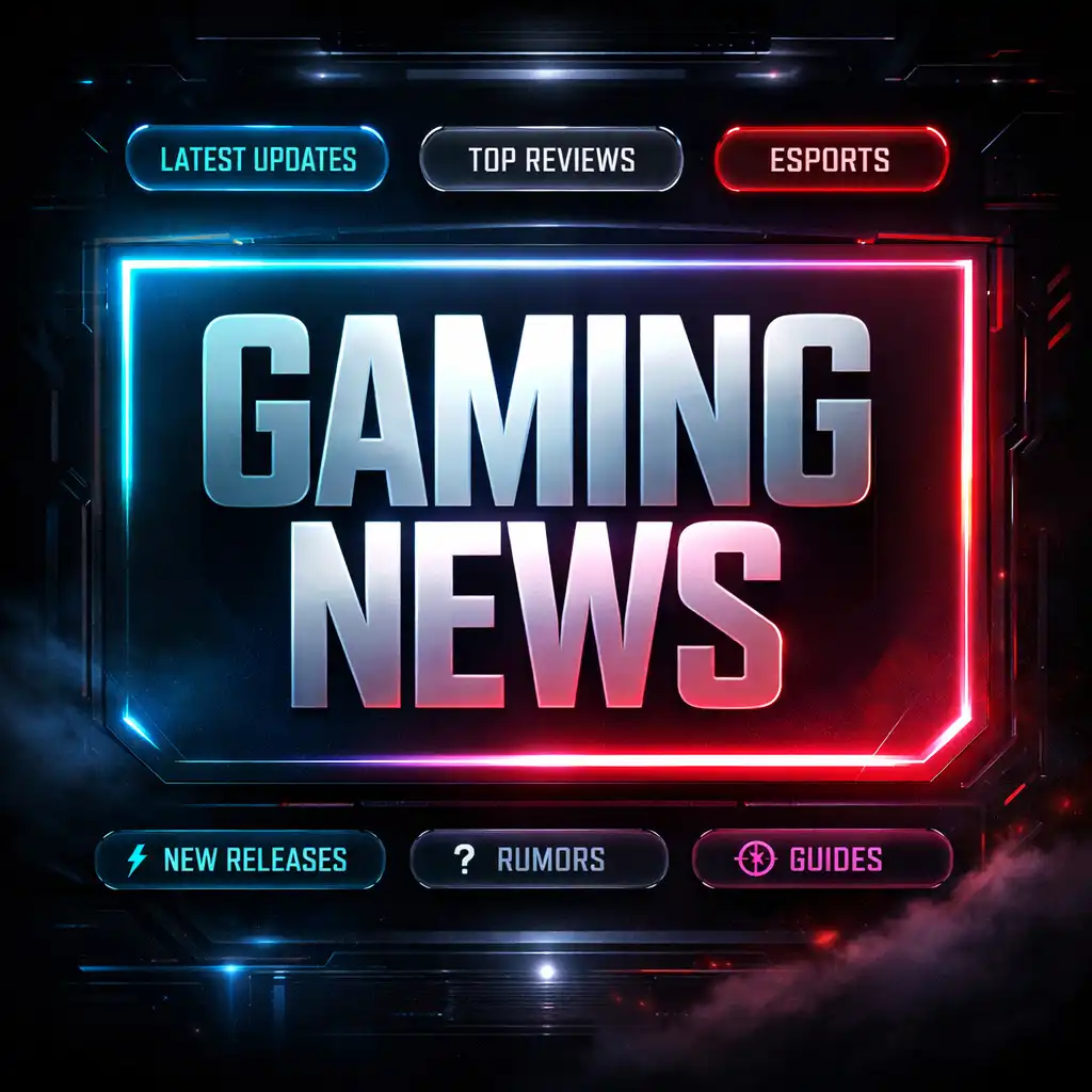 Kategorie newsów gamingowych prezentowane w ostrym, futurystycznym układzie