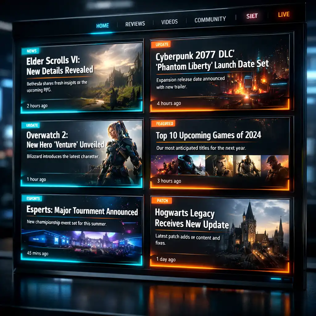 Modularna siatka newsów gamingowych w stylu cyber-minimalistycznym